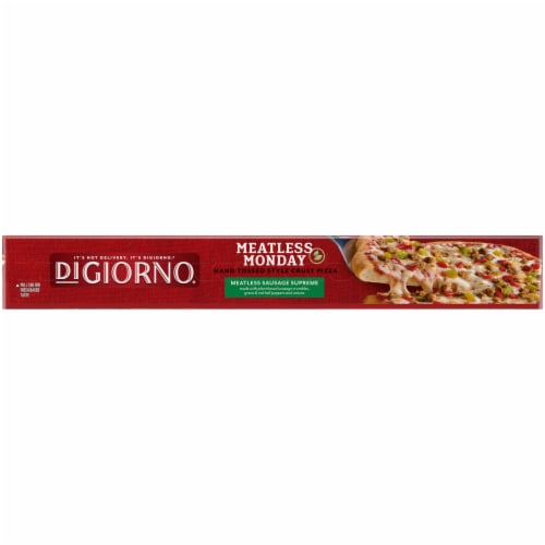 DIGIORNO Meatless Monday Sausage Supreme Frozen Pizza on a Hand-Tossed Style Crust Perspective: left