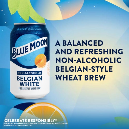 Blue Moon Non Alcoholic Belgian Style Wheat Beer Perspective: left
