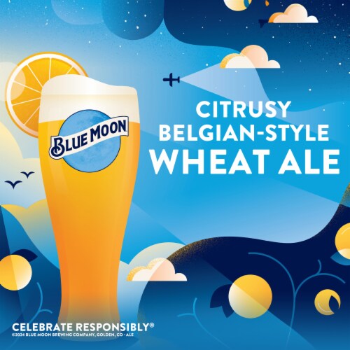 Blue Moon Belgian White Wheat Ale, 5.4% ABV, 6-pack, 12-oz. beer bottles Perspective: left