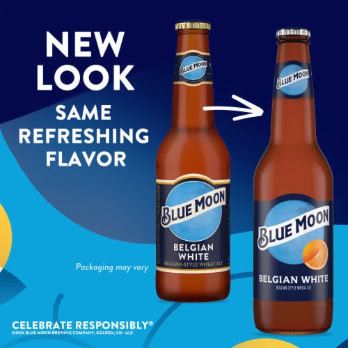 Blue Moon Belgian-Style Ale White Wheat Beer Perspective: left
