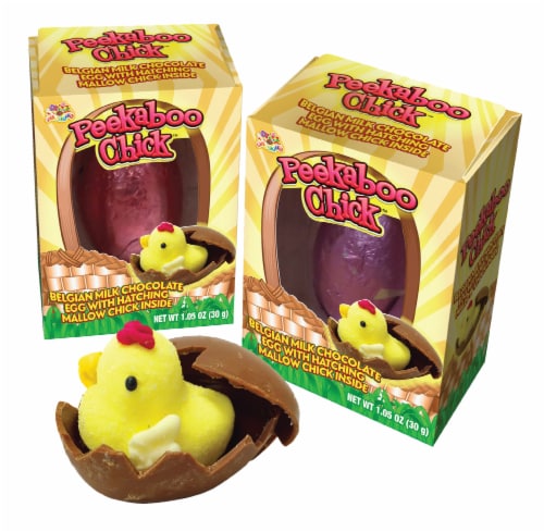 Peek-A-Boo Chick™ Belgian Milk Chocolate Egg With Hatching Mallow Chick Inside Perspective: left