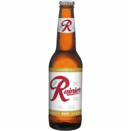 Rainier Beer, 12 Pack, 12 fl oz Glass Bottles, 4.6% ABV, Domestic Lager Perspective: left