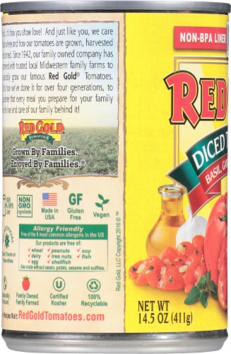 Red Gold Basil Garlic & Oregano Diced Tomatoes Perspective: left