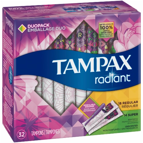 Tampax Radiant Unscented Regular and Super Tampon DuoPack Perspective: left