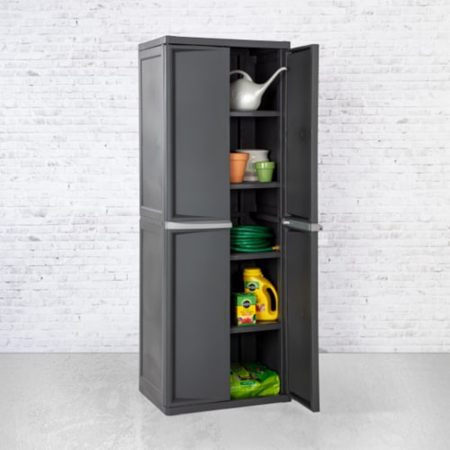 Sterilite Adjustable 4-Shelf Storage Cabinet With Doors, Dark Gray Perspective: left