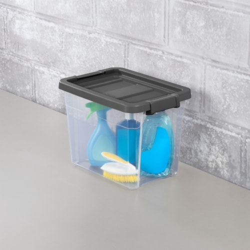 Sterilite 30 Qt Clear Plastic Stackable Storage Container Bin w/ Grey Latch Lid Perspective: left