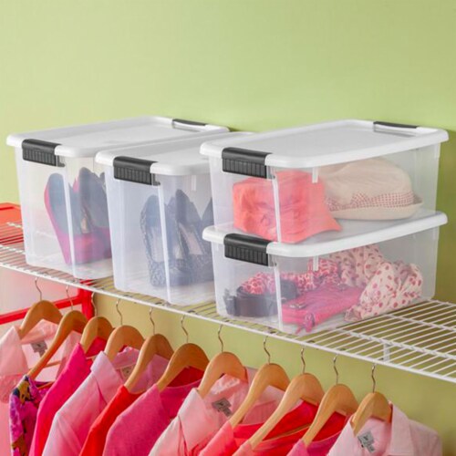 Sterilite 30 Qt Clear Plastic Stackable Storage Bin w/ Latch Lid, White (6 Pack) Perspective: left