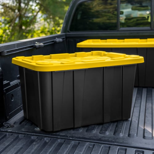 Sterilite 27 Gallon Industrial Tote - Black with Yellow Lid Perspective: left