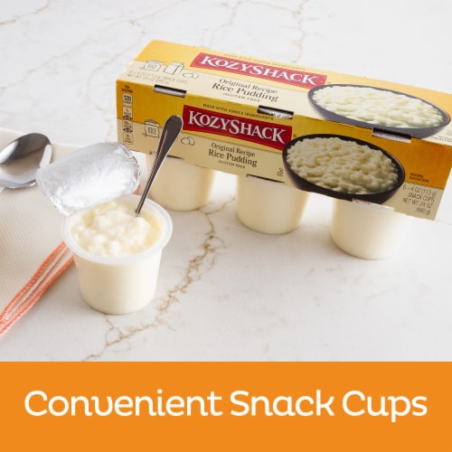 Kozy Shack Gluten Free Dessert Original Recipe Rice Pudding Snack Cups Perspective: left
