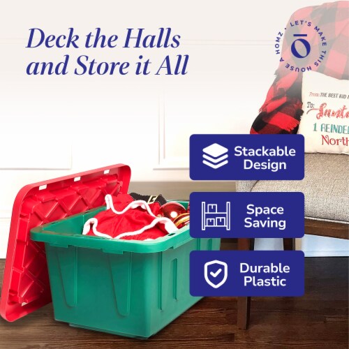 HOMZ Durabilt 15 Gallon Heavy Duty Holiday Storage Tote, Green/Red (2 Pack) Perspective: left