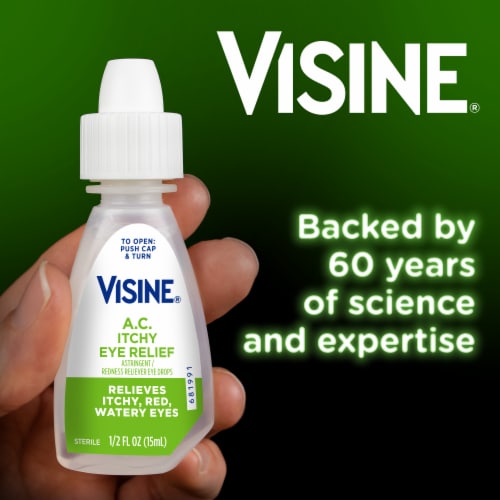 Visine Itchy Eye Relief for itchy, red, watery eyes Eye Drops Zinc Sulfate & Tetrahydrozoline HCl Perspective: left
