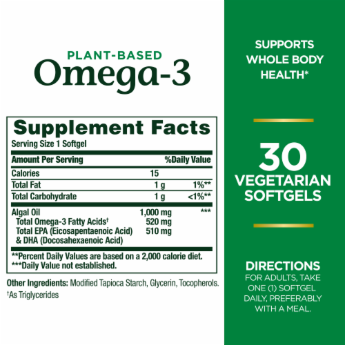 Nature's Bounty Plant-Based Omega-3 Softgel Supplements, Whole Body Health, Heart, Skin, & Joints Perspective: left