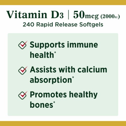 Nature's Bounty Vitamin D3, Immune and Bone Health Support, 50 mcg, Softgels Perspective: left