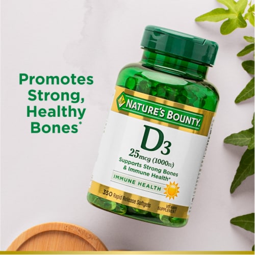 Nature’s Bounty Vitamin D3 1000 IU Immune Support Softgels Perspective: left