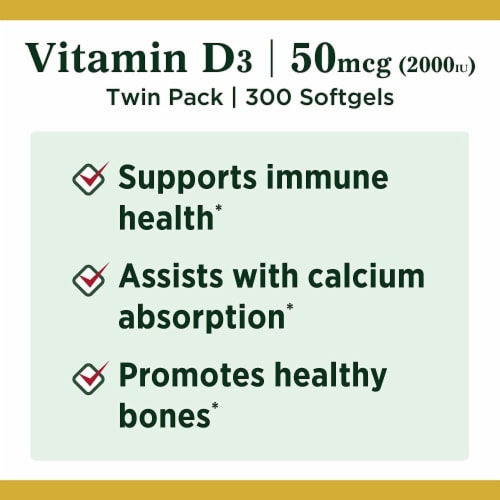 Nature's Bounty Vitamin D3 Softgels, 50 mcg, 2000 IU Perspective: left