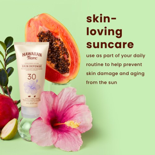 Hawaiian Tropic Skin Defense Sunscreen Lotion SPF 30 Helps Prevent UVA Skin Aging Green Tea Extract Perspective: left