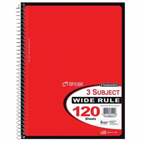 Top Flight Standards® Wide-Ruled 3-Subject Notebook - Colors May Vary- 120 Sheets Perspective: left