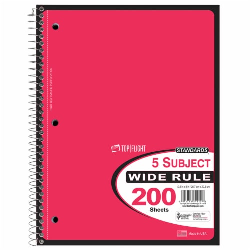 Top Flight Standard® Wide Rule 5-Subject Notebook - 200 Sheets - Colors May Vary Perspective: left