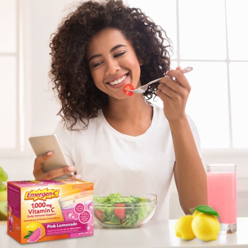 Emergen-C 1000mg Vitamin C Powder with Antioxidants B Vitamins Immune Support Pink Lemonade Perspective: left