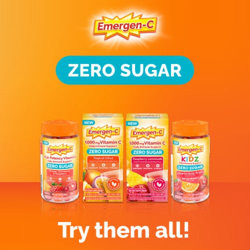 Emergen-C Zero Sugar Adult Gummies for Daily Immune Support Orange Strawberry and Raspberry Perspective: left