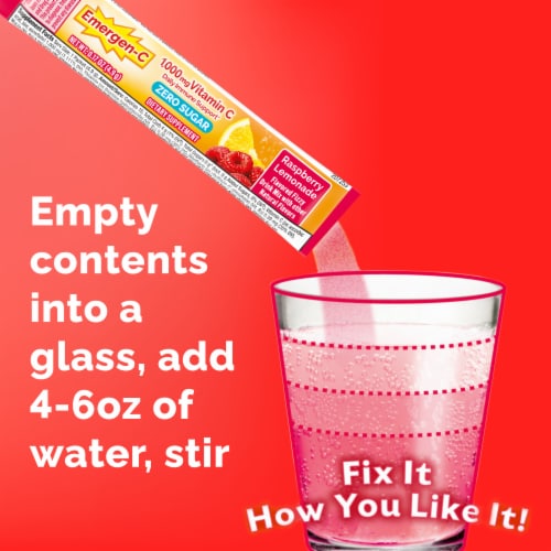 Emergen-C Zero Sugar Immune Support Powder Raspberry Lemonade Flavor Perspective: left