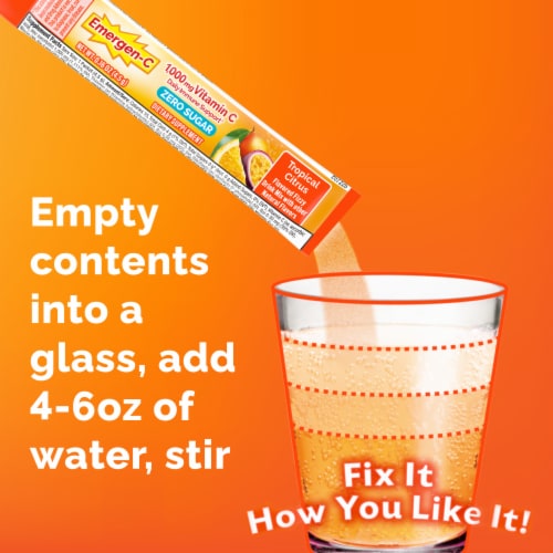 Emergen-C Zero Sugar Powder for Daily Immune Support Tropical Citrus Flavor Perspective: left
