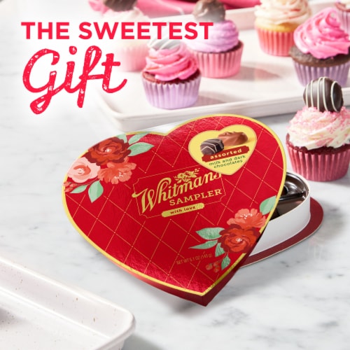 WHITMAN'S SAMPLER Valentine's Day Red Floral Heart Assorted Milk & Dark Chocolate Candy Gift Box Perspective: left