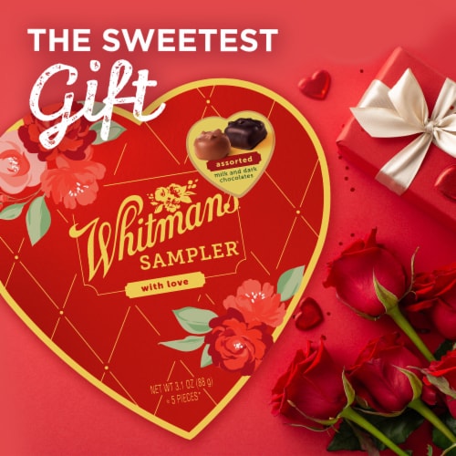 WHITMAN'S SAMPLER Valentine's Day Red Floral Heart Assorted Milk & Dark Chocolate Gift Box Perspective: left