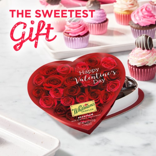 WHITMAN'S SAMPLER Valentine's Day Romantic Roses Assorted Milk & Dark Chocolate Candy Heart Gift Box Perspective: left