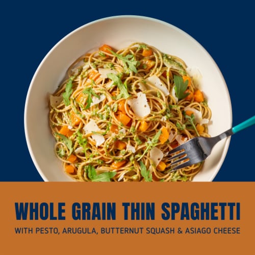 Barilla Whole Grain Thin Spaghetti Non-GMO and Kosher Pasta Made With Whole Wheat Perspective: left
