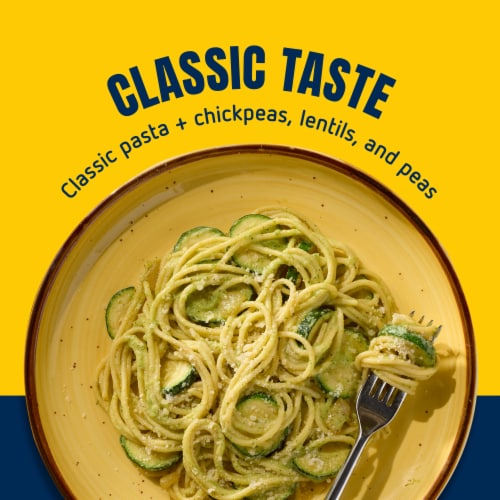 Barilla Protein+ (Plus) Spaghetti Pasta Non-GMO and Kosher Certified Plant Based Protein Pasta Perspective: left