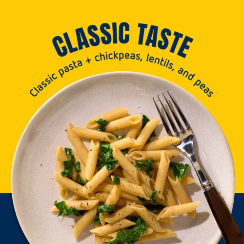 Barilla Protein+ (Plus) Penne Pasta Non-GMO and Kosher Certified Plant Based Protein Pasta Perspective: left