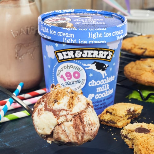 Ben & Jerry’s® Chocolate Milk & Cookies Moo-Phoria! Ice Cream Perspective: left
