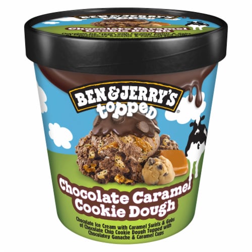 Ben & Jerry's Topped Chocolate Caramel Cookie Dough Chocolate and Caramel Ice Cream Perspective: left
