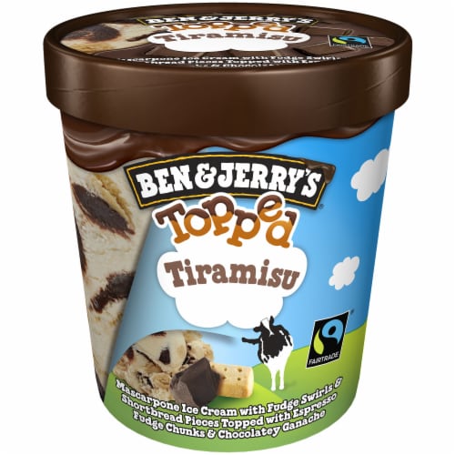 Ben & Jerry's Topped Tiramisu with Fudge Swirls Ice Cream Pint Perspective: left