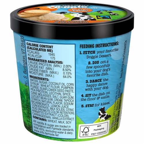 Ben & Jerry's Rosie's Batch Pumpkin & Mini Cookies Frozen Dog Treat Cup Perspective: left