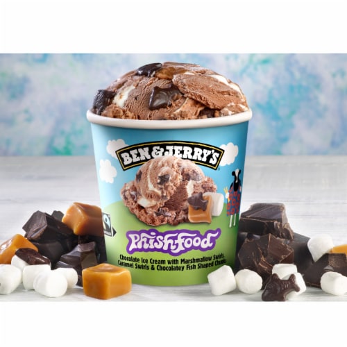 Ben & Jerry's Phish Food Chocolate with Marshmallow and Caramel Swirls and Fudge Fish Ice Cream Perspective: left
