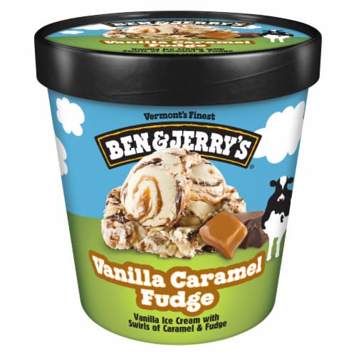 Ben & Jerry's Ice Cream Pint Vanilla Caramel Fudge Pint Perspective: left