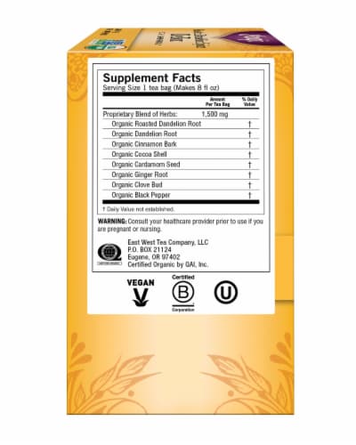 Yogi Organic Roasted Dandelion Spice Caffeine Free Detox Tea Bags Perspective: left