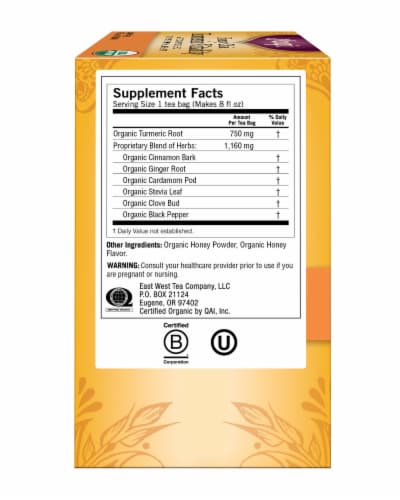 Yogi Organic Caffine Free Honey Chai Tumeric Vitality Tea Bags Perspective: left