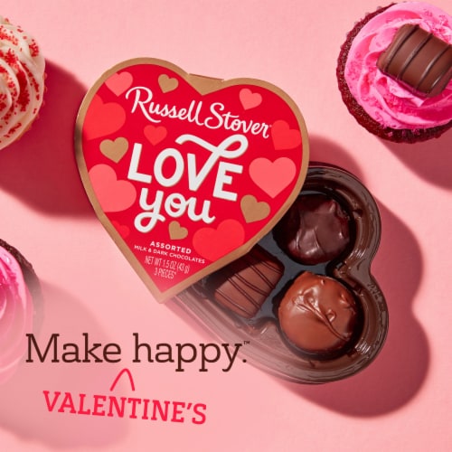 RUSSELL STOVER Valentine's Day Happy Heart Day Assorted Milk & Dark Chocolate Candy Gift Box Perspective: left