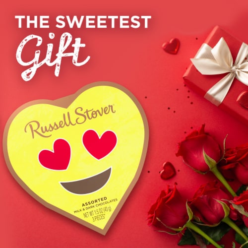 RUSSELL STOVER Valentine's Day Conversation Heart Assorted Milk & Dark Chocolate Gift Box Perspective: left