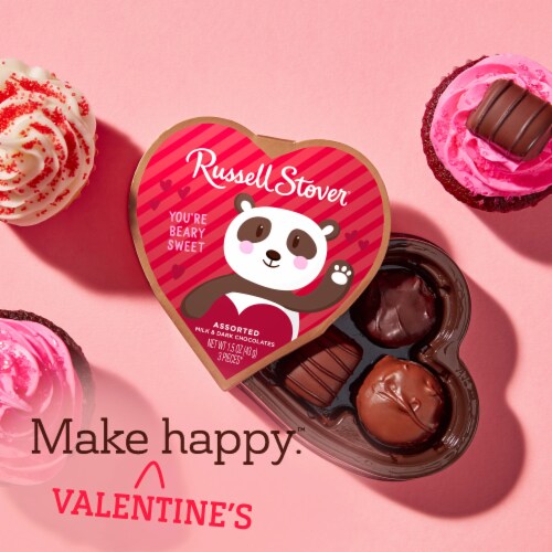RUSSELL STOVER Valentine's Day Pals Heart Assorted Milk & Dark Chocolate Gift Box Perspective: left