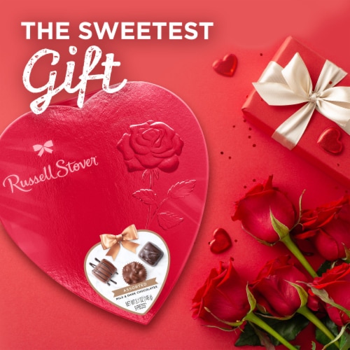 RUSSELL STOVER Valentine's Day Red Foil Heart Assorted Milk & Dark Chocolate Gift Box Perspective: left