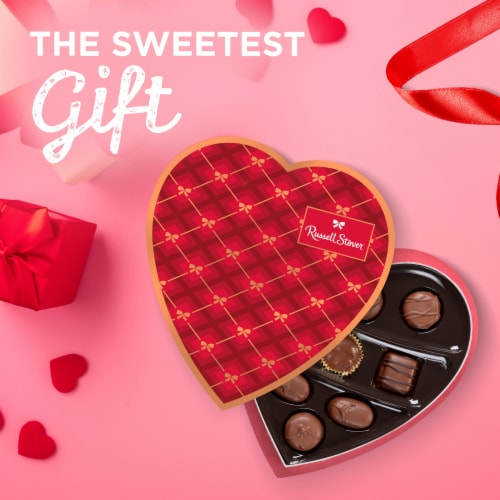 RUSSELL STOVER Valentine's Day Plaid Heart Assorted Milk Chocolate Gift Box Perspective: left