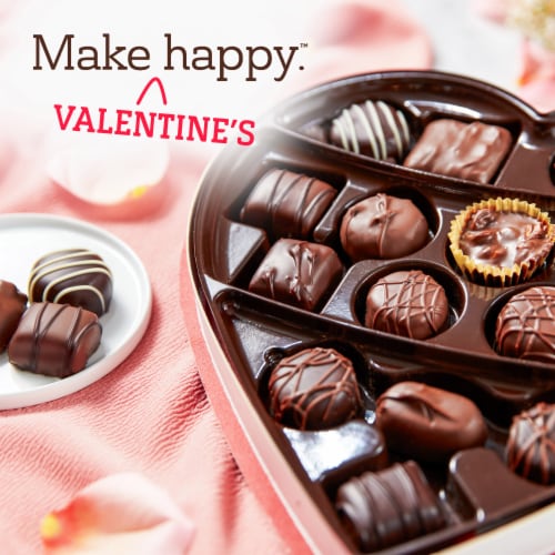 Russell Stover Assorted Milk & Dark Chocolates Red Foil Heart Valentine Candy Gift Box Perspective: left
