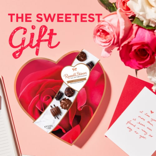 RUSSELL STOVER Valentine's Day Romantic Roses Assorted Milk & Dark Chocolate Heart Gift Box Perspective: left
