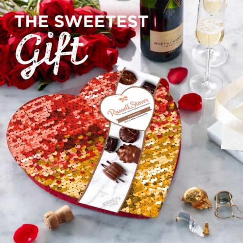 RUSSELL STOVER Valentine's Day Sequin Heart Assorted Milk & Dark Chocolate Gift Box Perspective: left