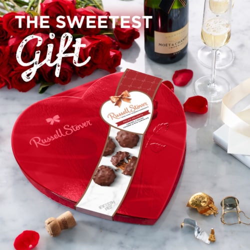 RUSSELL STOVER Valentine's Day Satin Heart Pecan Delights Milk Chocolate Candy Gift Box Perspective: left