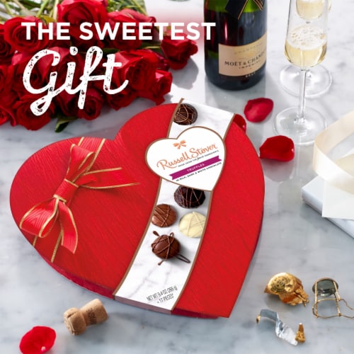 RUSSELL STOVER Valentine's Day Fabric Heart Milk, Dark & White Chocolate Truffle Candy Gift Box Perspective: left